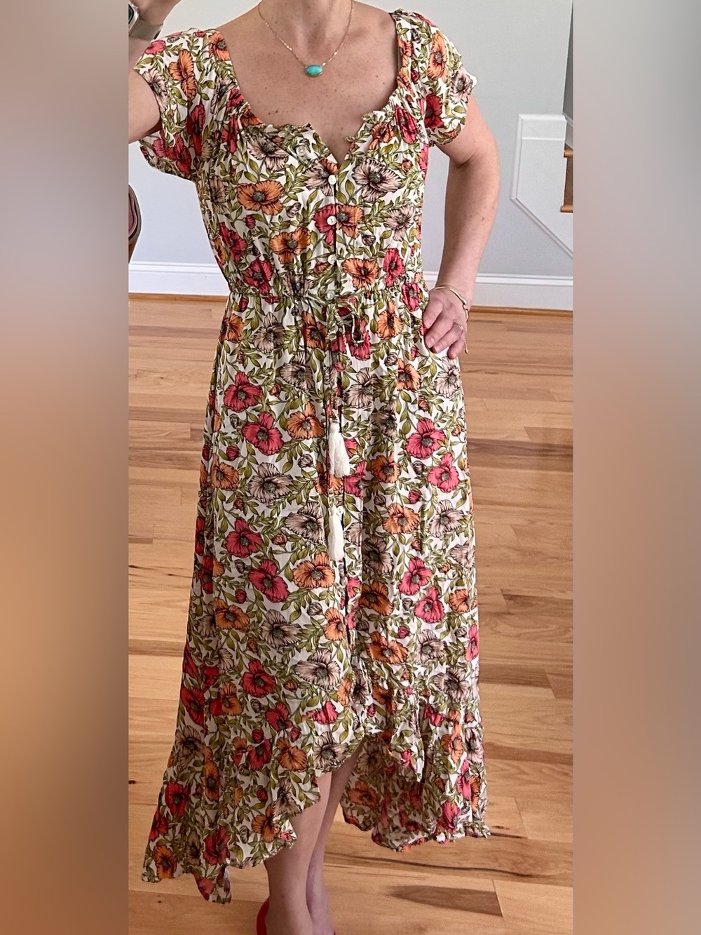 Abel the Label | Anthro Floral Button-Front Maxi Dress in Coral & Orange